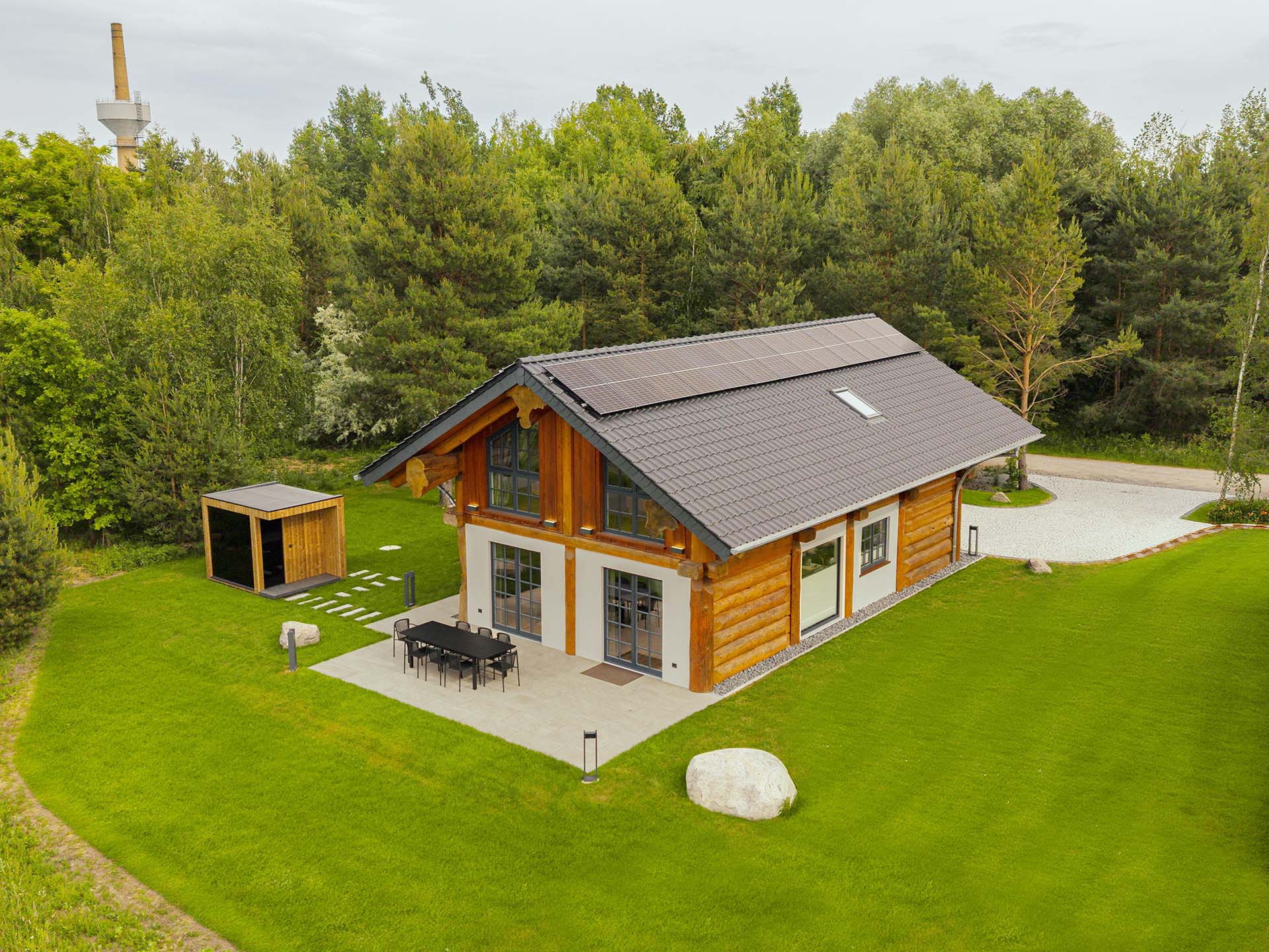 Luftaufnahme mit Garten und See